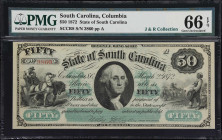 Columbia, South Carolina. State of South Carolina. 1872 $50. PMG Gem Uncirculated 66 EPQ.
No. 3860. Plate A. A Gem example of this popular state-issu...