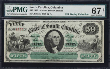 Columbia, South Carolina. State of South Carolina. 1872 $50. PMG Superb Gem Uncirculated 67 EPQ.
No. 4755. Plate A. A Superb Gem example of this ever...