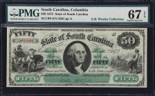 Columbia, South Carolina. State of South Carolina. 1872 $50. PMG Superb Gem Uncirculated 67 EPQ.
No. 2201. Plate A. A Superb Gem example of this ever...