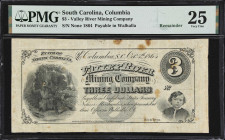 Columbia, South Carolina. Valley River Mining Company. 1864 $3. PMG Very Fine 25. Remainder.
No. None. Plate None. Settled by German immigrants after...