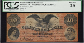 Memphis, Tennessee. Commercial Bank of Tennessee. 1863 $10. PCGS Currency Very Fine 25.
No. 2551. Plate A. Portrait of woman at left with allegorical...