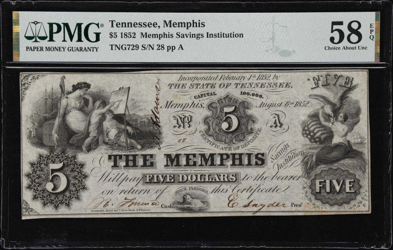 Memphis, Tennessee. Memphis Savings Institution. 1852 $5. PMG Choice About Uncir...