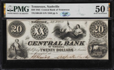 Nashville, Tennessee. Central Bank of Tennessee. 1855 $20. PMG About Uncirculated 50 EPQ.
No. 1564. Plate A. An attractive and issued example from Mi...