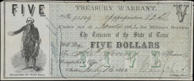 Austin, Texas. Treasurer of the State of Texas. 1862 $5. Very Fine. Treasury Warrant.
No. 92509. Paid out by the Texas State Treasurer for military s...