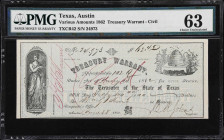 Austin, Texas. Treasurer of the State of Texas. 1862 $62.40. PMG Choice Uncirculated 63. Treasury Warrant.
No. 24973. Issued by the Treasurer of the ...