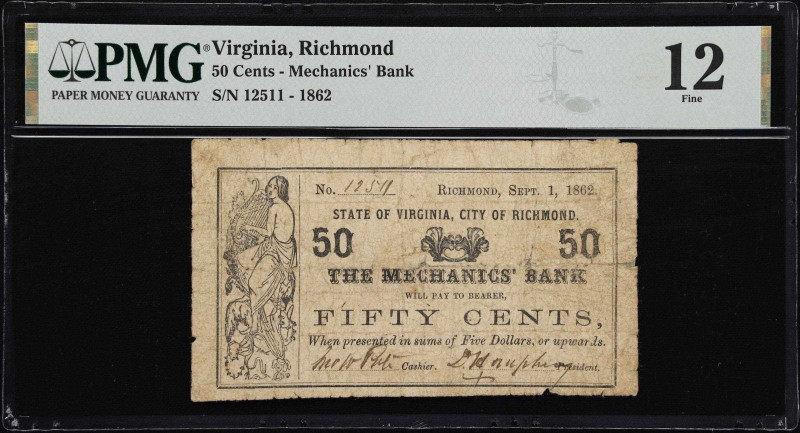 Richmond, Virginia. Mechanics' Bank. 1862 50 Cents. PMG Fine 12.
No. 12511. A w...