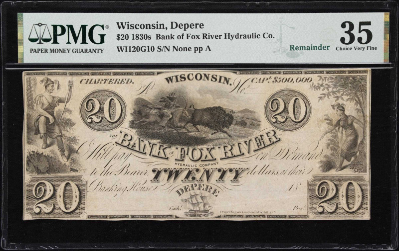 Depere, Wisconsin. Bank of Fox River Hydraulic Company. 18xx $20. PMG Choice Ver...