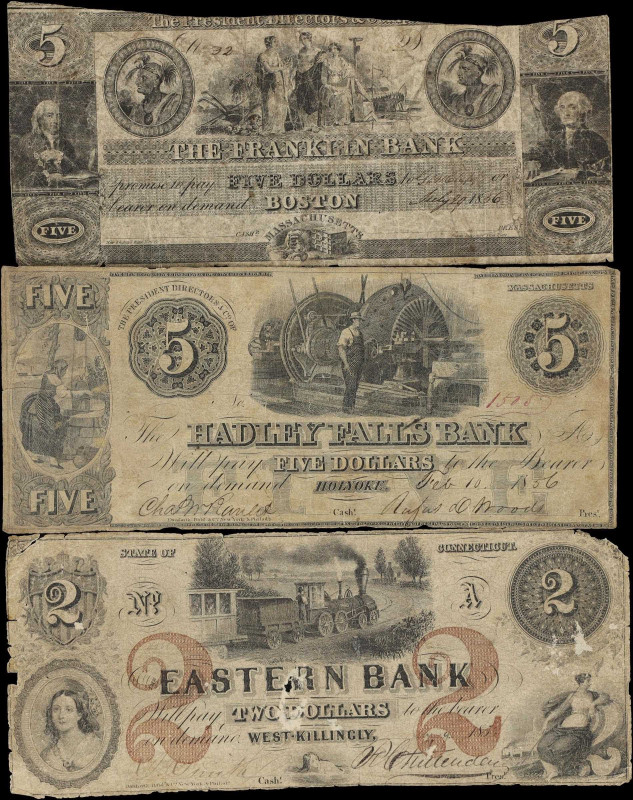 Lot of (3) Connecticut & Massachusetts Obsoletes. 1854-56 $2 & $5. Very Good.
A...