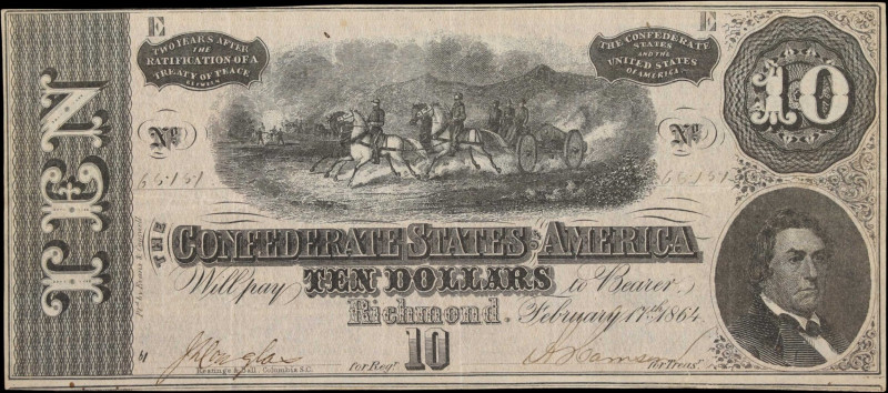 T-68. Confederate Currency. 1864 $10. Choice Very Fine.
No. 66151. Plate E. A s...