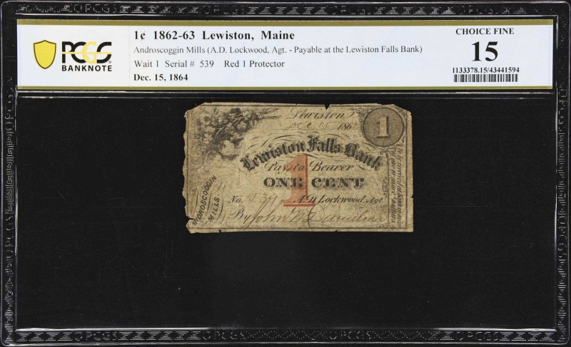 Lot of (2) T-69 Confederate Currency & Maine Obsolete. 1862-64 1 Cent & $5. PCGS...