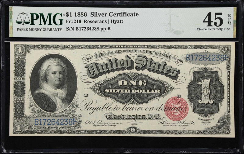 Fr. 216. 1886 $1 Silver Certificate. PMG Choice Extremely Fine 45 EPQ.
A textbo...