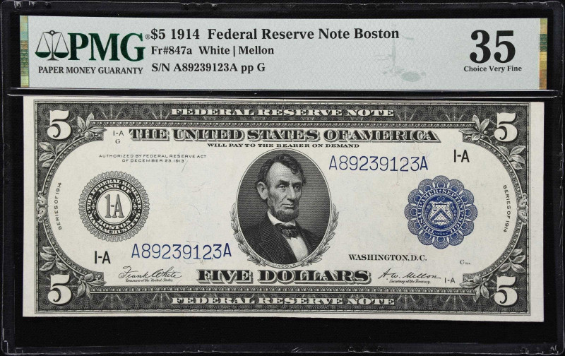 Fr. 847a. 1914 $5 Federal Reserve Note. Boston. PMG Choice Very Fine 35.
A bett...