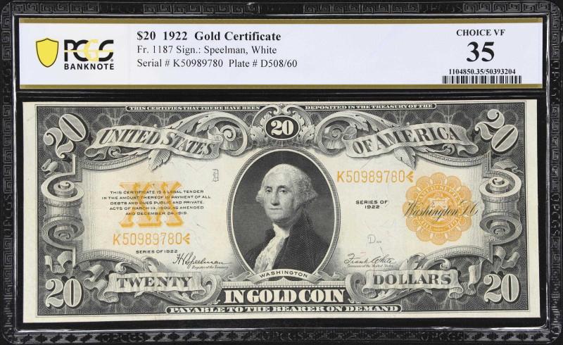 Fr. 1187. 1922 $20 Gold Certificate. PCGS Banknote Choice Very Fine 35.
A mid g...