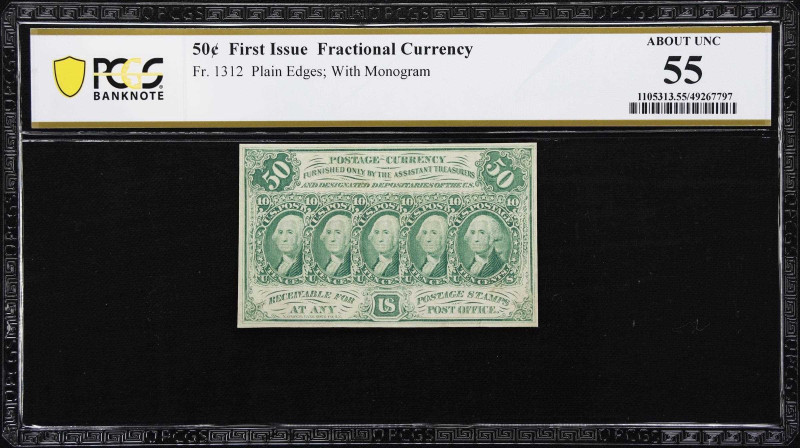 Fr. 1312. 50 Cents. First Issue. PCGS Banknote About Uncirculated 55.
A lightly...