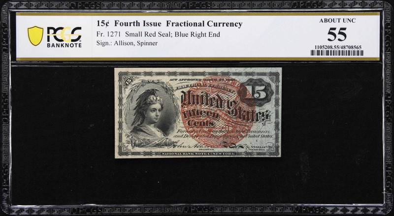 Fr. 1271. 15 Cents. Fourth Issue. PCGS Banknote About Uncirculated 55.
A lightl...