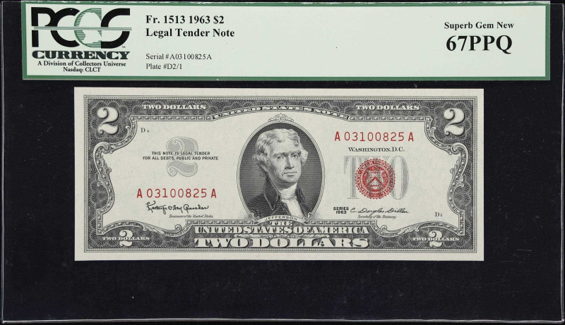 Fr. 1513. 1963 $2 Legal Tender Note. PCGS Currency Superb Gem New 67 PPQ.
A sup...