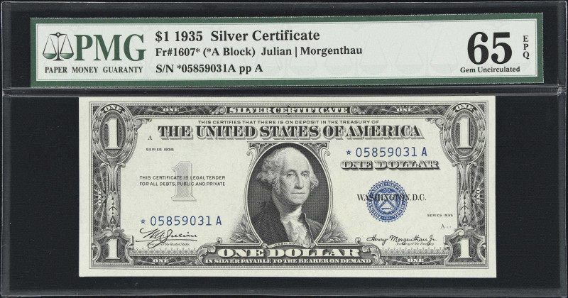 Fr. 1607*. 1935 $1 Silver Certificate Star Note. PMG Gem Uncirculated 65 EPQ.
F...