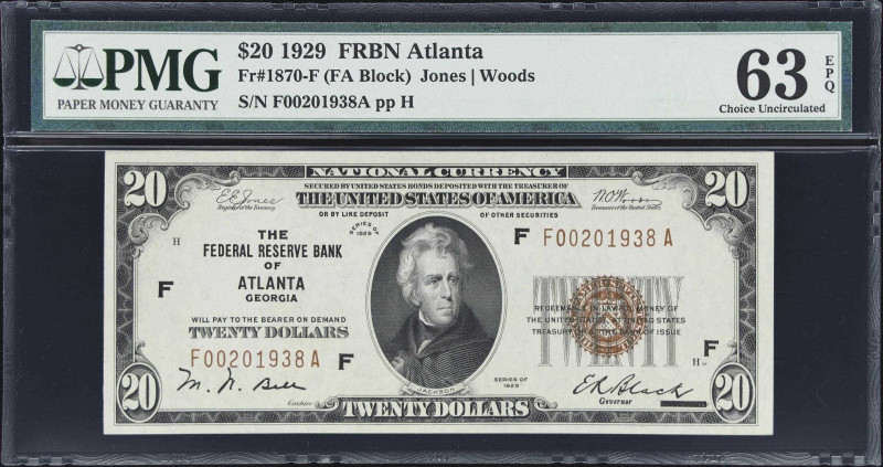 Fr. 1870-F. 1929 $20 Federal Reserve Bank Note. Atlanta. PMG Choice Uncirculated...