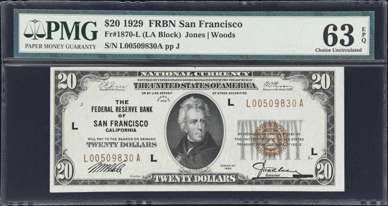 Fr. 1870-L. 1929 $20 Federal Reserve Bank Note. San Francisco. PMG Choice Uncirc...