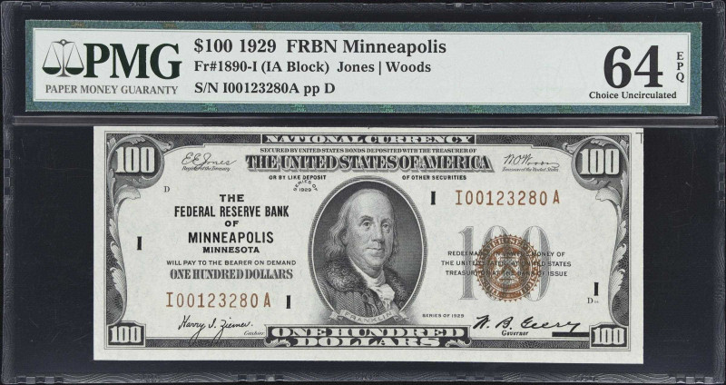 Fr. 1890-I. 1929 $100 Federal Reserve Bank Note. Minneapolis. PMG Choice Uncircu...