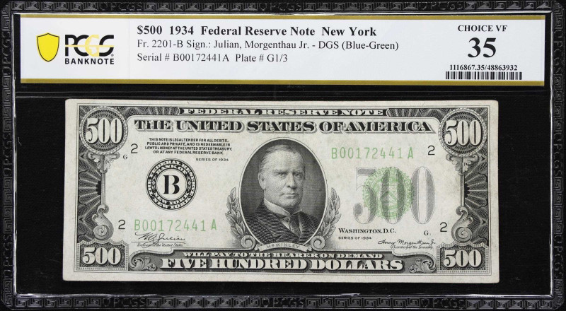 Fr. 2201-B. 1934 Dark Green Seal $500 Federal Reserve Note. New York. PCGS Bankn...