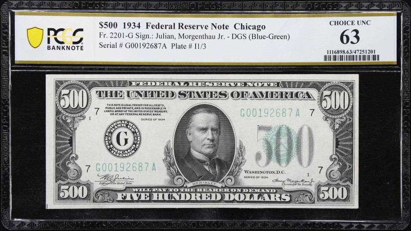 Fr. 2201-G. 1934 Dark Green Seal $500 Federal Reserve Note. Chicago. PCGS Bankno...