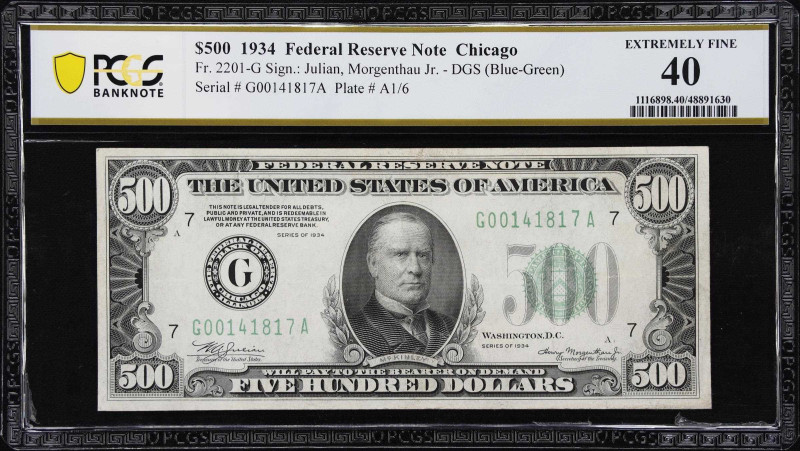 Fr. 2201-G. 1934 Dark Green Seal $500 Federal Reserve Note. Chicago. PCGS Bankno...