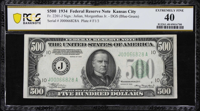 Fr. 2201-J. 1934 Dark Green Seal $500 Federal Reserve Note. Kansas City. PCGS Ba...