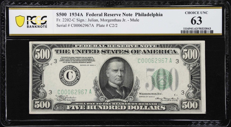 Fr. 2202-C. 1934A $500 Federal Reserve Mule Note. Philadelphia. PCGS Banknote Ch...