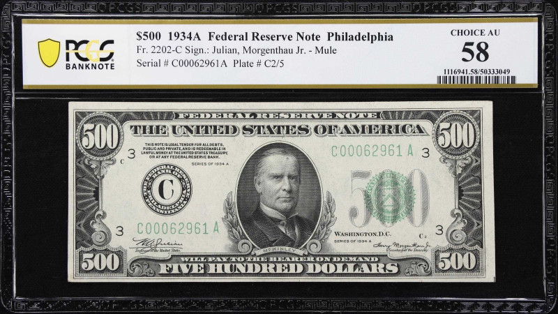 Fr. 2202-C. 1934A $500 Federal Reserve Mule Note. Philadelphia. PCGS Banknote Ch...