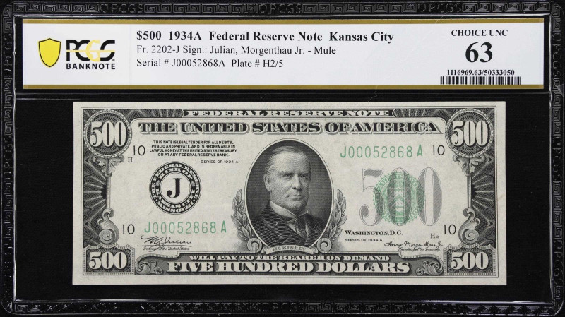 Fr. 2202-J. 1934A $500 Federal Reserve Mule Note. Kansas City. PCGS Banknote Cho...