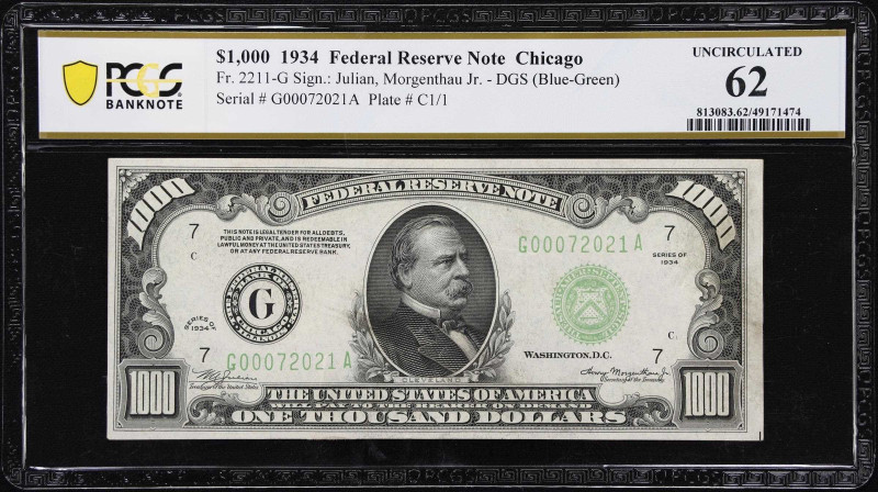 Fr. 2211-G. 1934 Dark Green Seal $1000 Federal Reserve Note. Chicago. PCGS Bankn...