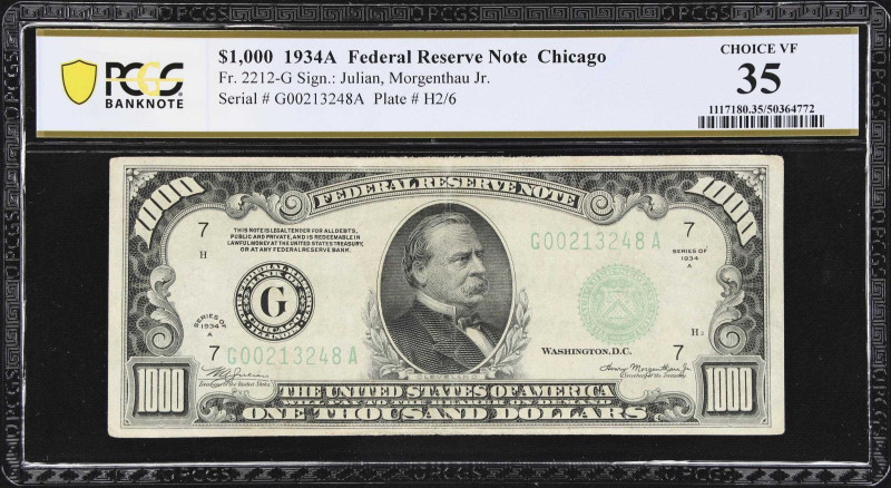 Fr. 2212-G. 1934A $1000 Federal Reserve Note. Chicago. PCGS Banknote Choice Very...