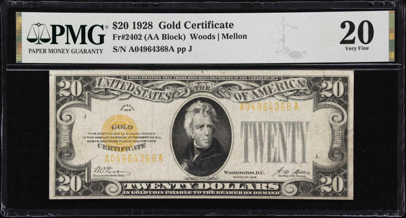 Fr. 2402. 1928 $20 Gold Certificate. PMG Very Fine 20.
Redeemable for a single ...