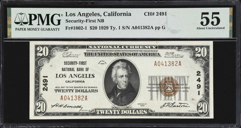 Los Angeles, California. $20 1929 Ty. 1. Fr. 1802-1. Security-First NB. Charter ...