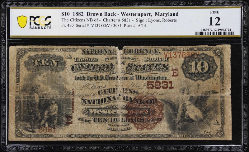 Westernport, Maryland. $10 1882 Brown Back. Fr. 490. Citizens NB. Charter #5831....