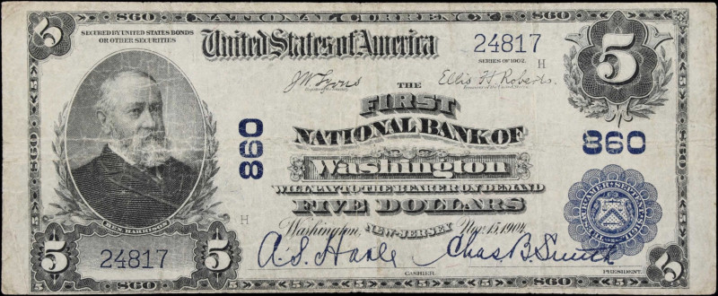 Washington, New Jersey. $5 1902 Plain Back. Fr. 598. First NB. Charter #860. Fin...