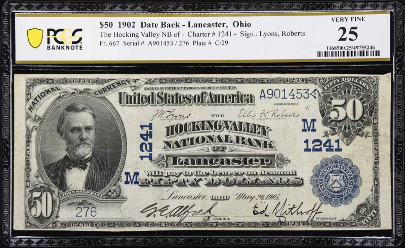 Lancaster, Ohio. $50 1902 Date Back. Fr. 667. Hocking Valley NB. Charter #1241. ...