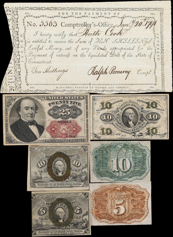 Lot of (7) Miscellaneous Currency. Mixed Dates. 5, 10, 25 Cents & 10 Shillings. ...