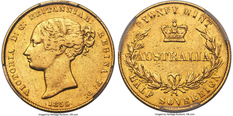 Victoria gold 1/2 Sovereign 1855-SYDNEY XF45 PCGS, Sydney mint, KM1, Marsh-380 (...