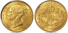Victoria gold 1/2 Sovereign 1856-SYDNEY MS62 PCGS, Sydney mint, KM1, Marsh-381 (R). Berry above "L" of "HALF". An attractive little Mint State treasur...