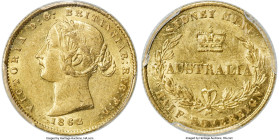 Victoria gold 1/2 Sovereign 1862-SYDNEY AU58 PCGS, Sydney mint, KM3, Marsh-387 (S). An enthralling well-struck selection on the cusp of Mint State, ad...