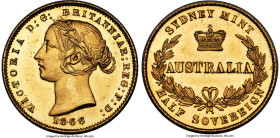 Victoria gold 1/2 Sovereign 1866-SYDNEY MS63 Prooflike PCGS, Sydney mint, KM3, Marsh-391 (R). An unusual specimen showcasing remarkably Prooflike qual...