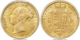 Victoria gold 1/2 Sovereign 1880-S AU Details (Harshly Cleaned) PCGS, Sydney mint, KM5, S-3862E. Variety with cross buried, round reverse denticles, a...
