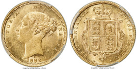 Victoria gold 1/2 Sovereign 1882-S MS61 PCGS, Sydney mint, KM5, S-3862E. Variety with cross buried, round reverse denticles, and Arabic 1 for "I" in "...