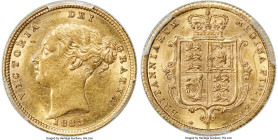 Victoria gold 1/2 Sovereign 1883-S AU55 PCGS, Sydney mint, KM5, S-3862E. Cross buried in heavier border variety. The more common of the two varieties ...