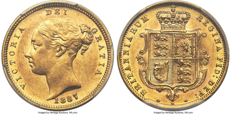 Victoria gold 1/2 Sovereign 1887-M AU58 PCGS, Melbourne mint, KM5, S-3863B. A we...
