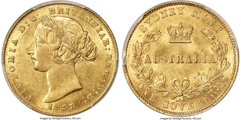 Victoria gold Sovereign 1857-SYDNEY AU58 PCGS, Sydney mint, KM4, Marsh-A362 (R)....