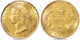 Victoria gold Sovereign 1858-SYDNEY AU58 PCGS, Sydney mint, KM4, Marsh-A363 (R). An impressively well-defined selection with nearly full wreath on Vic...
