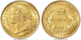 Victoria gold Sovereign 1859-SYDNEY MS61 PCGS, Sydney mint, KM4, Marsh-A364. A tough date to locate in lower Almost Uncirculated grades or lower. Whil...